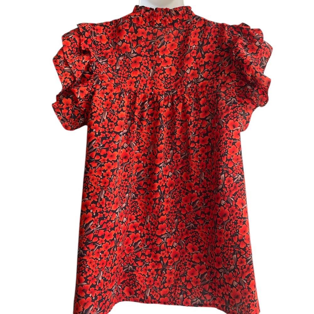 Red Black Floral Blouse Top Short Flutter Sleeves Ruffle v-Neck Unbranded Size M - Picture 3 of 3